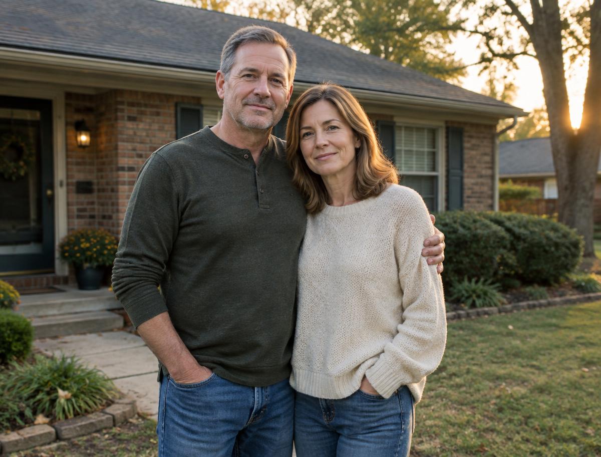 A couple in their fifties standing together in front of their home