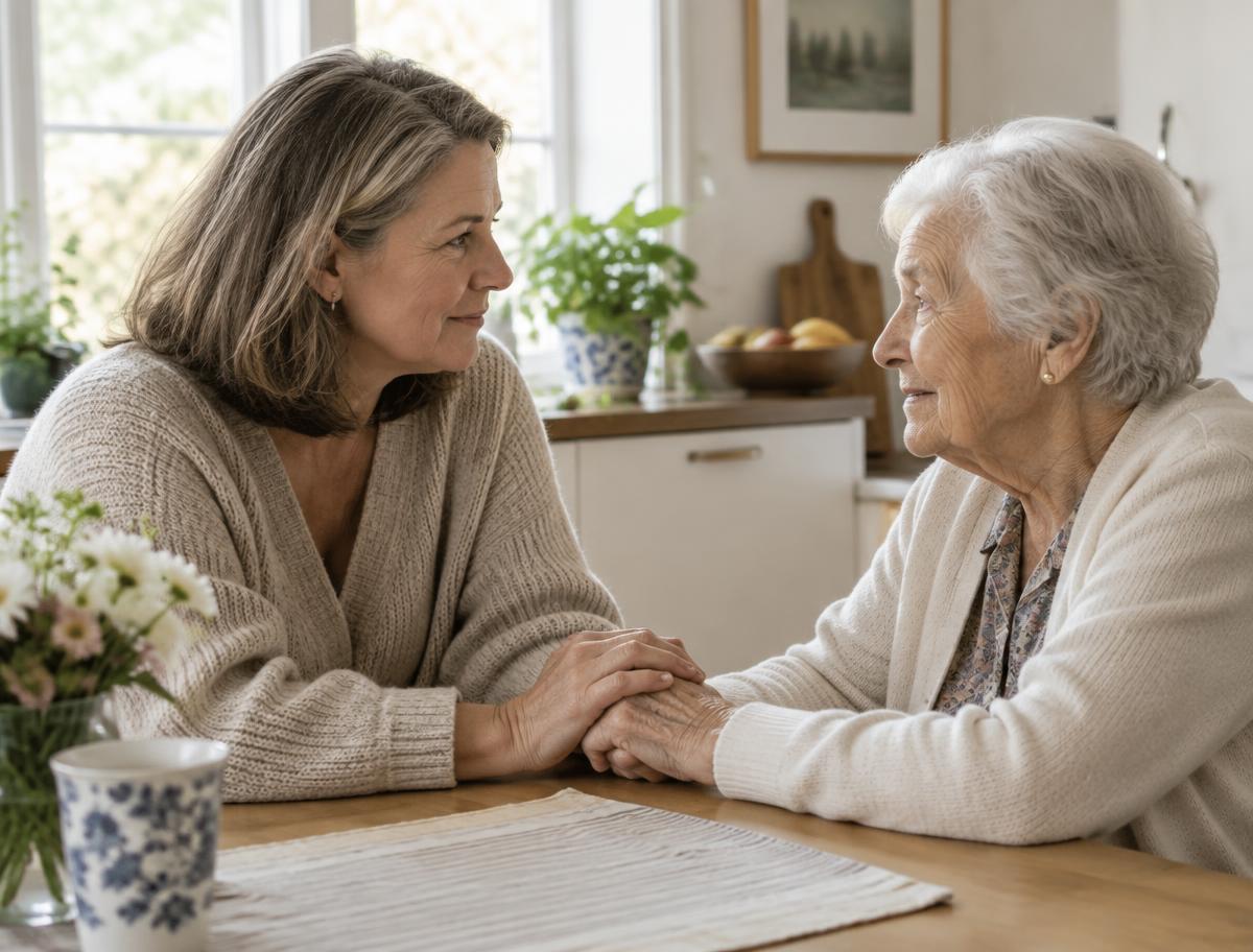 An adult daughter gently holding her elderly mother's hands at the kitchen table