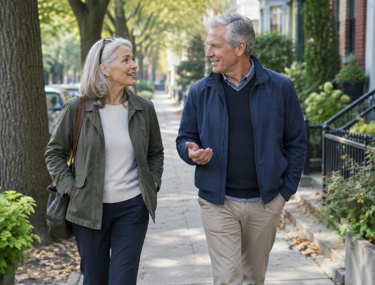 An active couple in their sixties walking together on a tree-lined neighborhood sidewalk