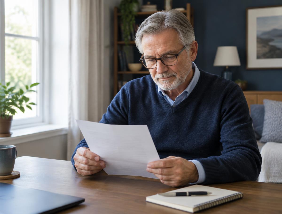 A man in his sixties at home, thoughtfully reading the Social Security statement that arrived in the mail